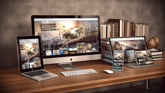 加油打气多人背景图片_显示在多设备桌面上的电子杂志网站的 3D 渲染