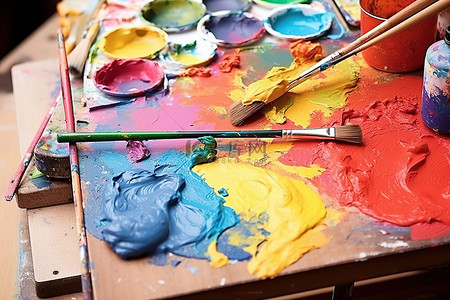 油画刷子背景图片_用画笔和铅笔在画布上绘制明亮的色彩调色板