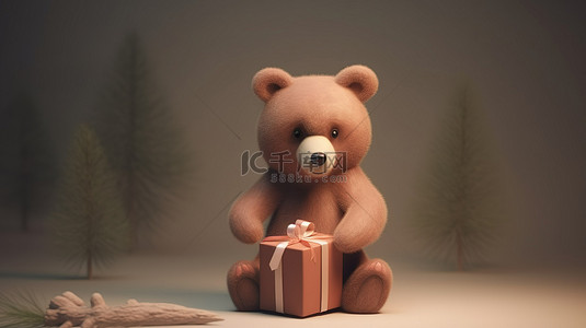 可爱的棕熊与 3d 礼品盒