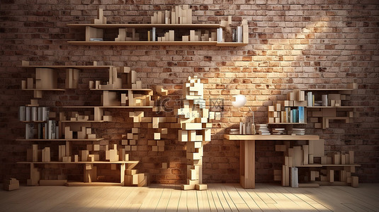 现代工作空间增强了书籍相机木图和砖墙 3D 渲染
