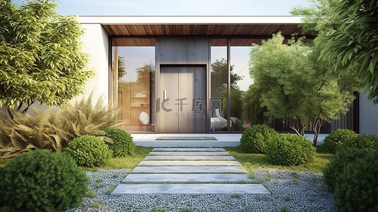 郁郁葱葱的草坪和灌木装饰现代房屋入口 3D 渲染