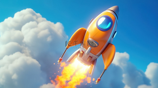 火箭卡通背景图片_3D 模式下的动画火箭发射未来启动概念