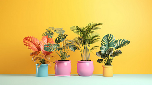 充满活力的彩色盆栽植物在阳光明媚的黄色背景下设置，准备好您的文本 3D 插图