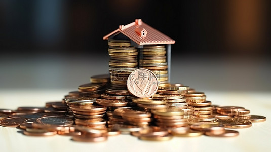 用 3D 渲染的硬币和房子来说明抵押贷款概念