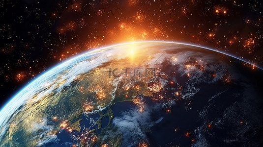 地球与空间背景图片_真实的 3D 渲染世界与银河系背景