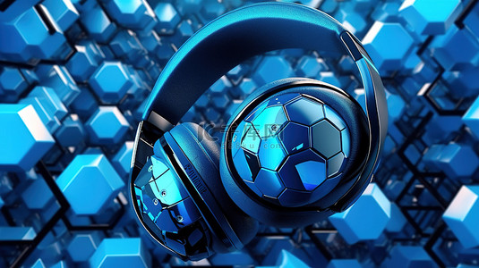 彩色音乐背景背景图片_中心有蓝色耳机的几何球体的 3D 渲染