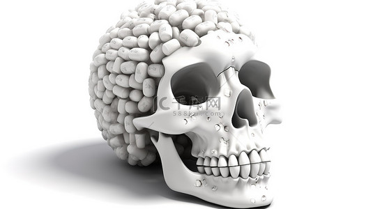 夹海盗头骨背景图片_胶囊药丸在白色背景下形成一个孤立的 3d 头骨