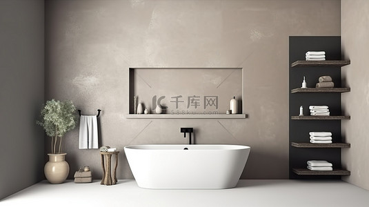 酒店浴缸背景图片_3D 渲染时尚浴室，配有浴缸装饰石膏墙架和优雅的浴室配件