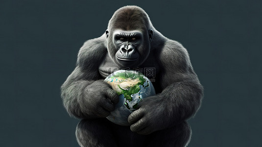 可爱的 3d 大猩猩拥抱世界地球仪