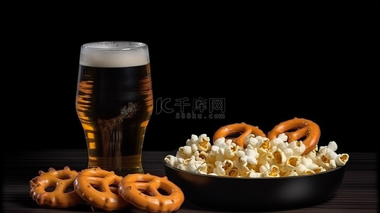 黑色玉米背景图片_晚间娱乐玉米圈啤酒 3D 眼镜和黑色背景上的遥控器