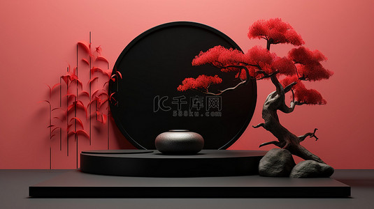 花盆景背景图片_日本灵感抽象黑色讲台盆景和红色圆圈背景的 3D 渲染插图