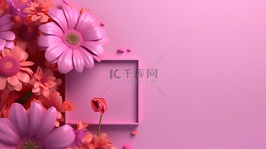 右上角饰有各种粉红色花朵的粉红色贺卡的 3D 渲染