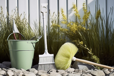 箩筛簸箕扫帚晒垫背景图片_一套园艺工具，包括一把黄色扫帚