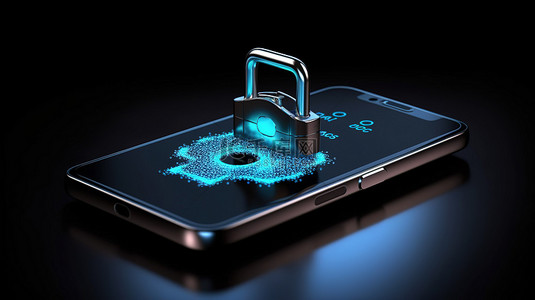 资料保护安全背景图片_用于保护个人数据的挂锁和密码字段的屏蔽手机 3D 渲染