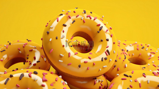 美味的字母甜甜圈，在充满活力的黄色背景 3d 渲染上有光泽的釉料