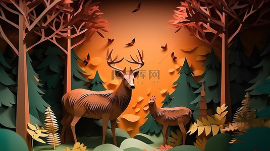 森林中的鹿纸艺术和工艺风格的 3D 渲染