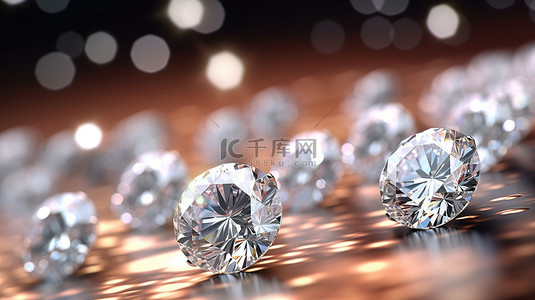 闪闪发光的钻石在明亮的白色散景背景下为精致的珠宝设计 3D 渲染提供灵感