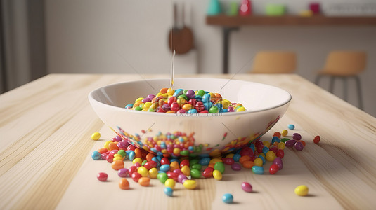彩虹色糖果层叠到原始瓷碗和木板上的 3D 插图