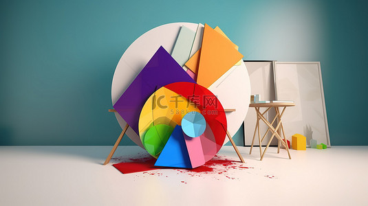 横幅几何元素背景图片_商业设计充满活力的几何元素围绕着 3D 渲染中的空白卡片
