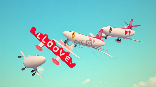 我爱你背景图片_3d 渲染卡通飞机与我爱你横幅