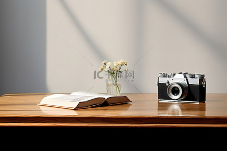 一本书照片背景图片_橡木桌，配有小相机和一本书