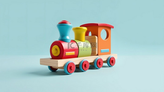 蓝色背景 3D 渲染的充满活力的木制儿童玩具火车