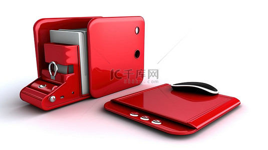 独立白色背景的 3D 渲染，具有红色文件夹文件柜和电脑鼠标