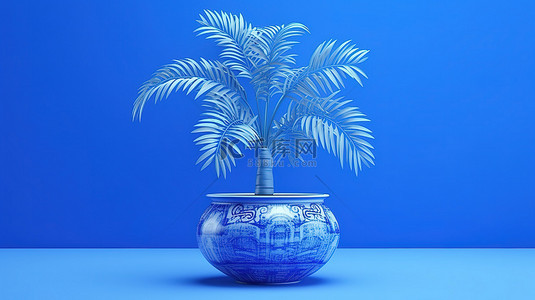 蓝色艺术背景，盆中有一棵 3D 渲染的棕榈树
