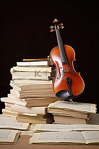 一把小提琴躺在一堆拥挤的纸上