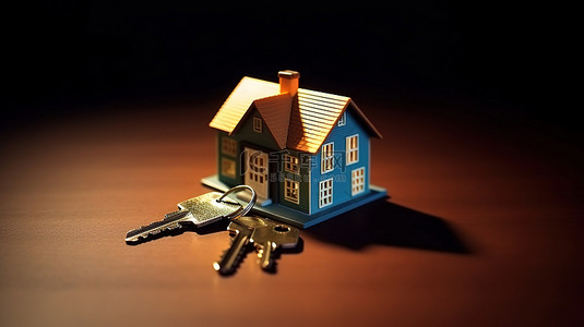 房屋安全背景图片_3D 渲染的微型房屋，附带房屋钥匙