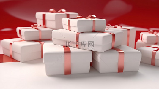 礼物新年背景图片_节日礼品盒采用逼真的白色和红色，配有丝带，非常适合圣诞节和新年庆祝活动 3d 渲染