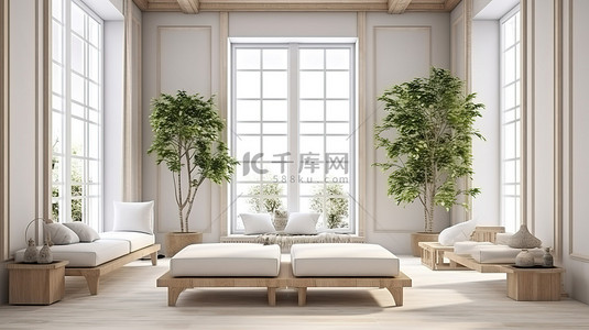 室内场景和框架模型现代热带客厅，配有白色墙壁和 3D 插图中的三张沙发床
