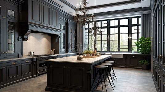 现代经典英式厨房的 3D 渲染，配有深色家具简约设计和大理石台面