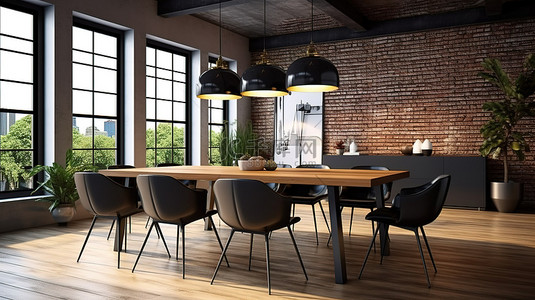 宽敞的现代餐厅的 3D 渲染，配有一张大桌子和阁楼风格的椅子