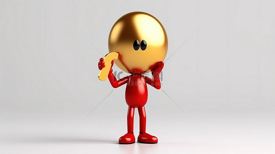 红色奖杯背景图片_红色问号吉祥物拿着白色背景 3D 渲染图像上的金奖奖杯