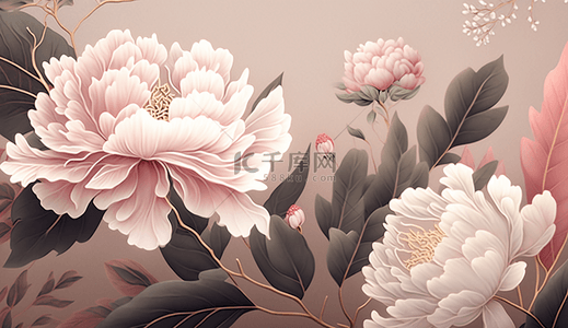 装饰性的背景图片_粉色的牡丹花复古装饰画花卉海报插图
