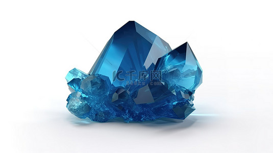蓝色水晶 3D 渲染独立于白色背景，是深奥配件的完美天然金块