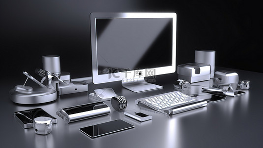 以 3D 形式创建的时尚而现代的银色数字科技设备