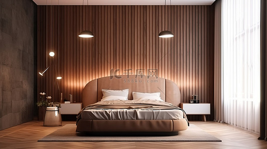 优雅的棕色简约卧室配有木质墙板弧形灯和 3D 可视化