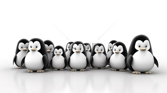 可爱的黑白玩具企鹅在数字创建的空白画布上以顽皮的姿态
