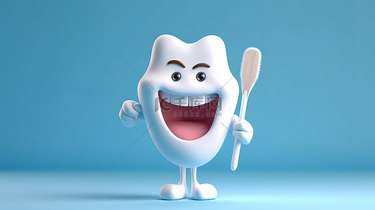 可爱的牙齿卡通促进牙齿卫生和检查 UPS 3D 插图的重要性