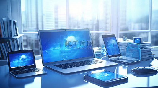 现代工作场所设置蓝色办公桌，配有笔记本电脑手机和数字平板电脑 3D 插图