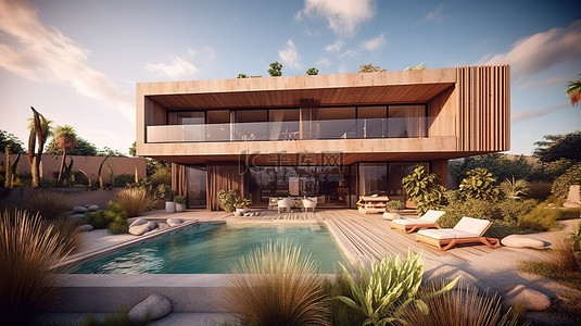一座木制和混凝土别墅，带有一个非凡的花园和海滨游泳池，以 3D 渲染的方式实现可持续性