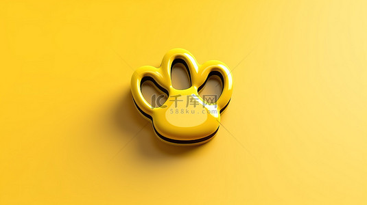 3D 渲染的爪子宠物图标符号，黄色背景上具有简约设计