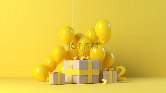 25d立体图标背景图片_快乐的黄色 3D 渲染问候背景 25 岁生日