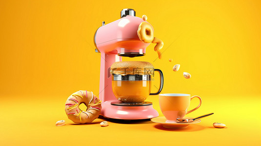 意大利语背景图片_3D 渲染咖啡机插图，黄色背景上带有甜甜圈