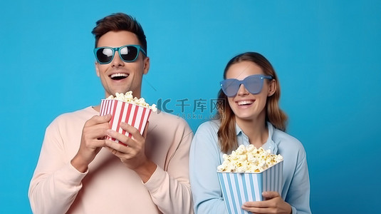 微笑的男人沉浸在 3D 电影体验中，一边嚼着爆米花，一边与位于浅蓝色背景上有文字空间的相机互动