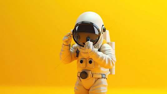 宇航员在黄色背景下通过 3D 渲染的放大镜进行检查