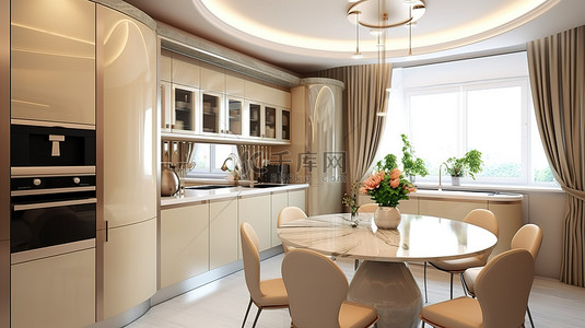 经典灵感的装饰艺术厨房，具有现代风格的玻璃功能和集成电器米色色调的室内 3D 渲染