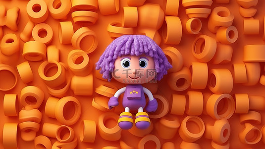 紫色背景展示了儿童游乐场可爱的橙色布娃娃玩具的 3D 渲染